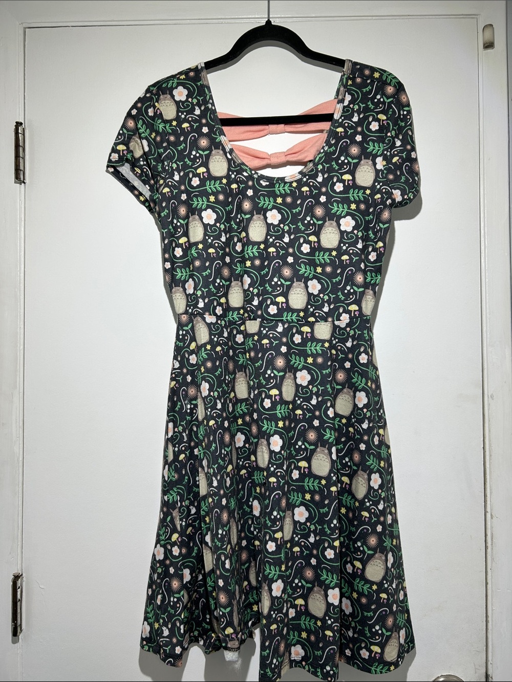 My NeighborTotoro Floral Print Black Fit & Flare Dress with Pink Back Detail